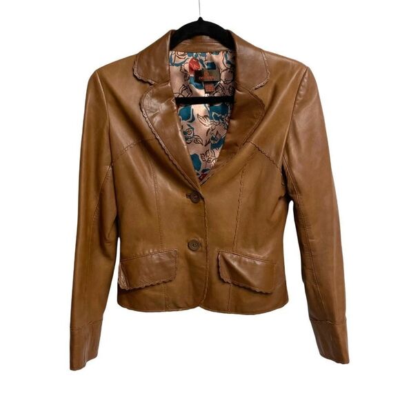 DANIER Leather Button Front Blazer Jacket Cognac Brown XXS - Picture 3 of 7